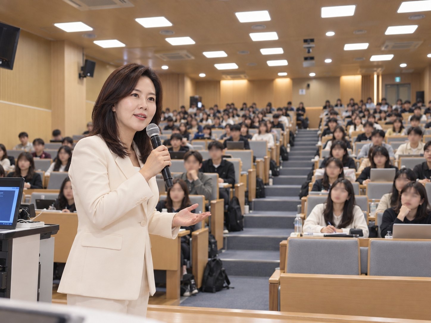 대학 강의실에서 마이크를 들고 강의하는 황성이 강사